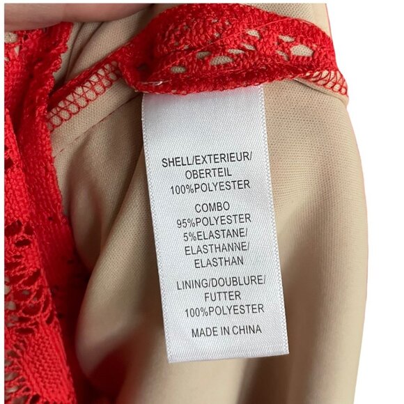 Adrianna Papell Size 6 Red/Orange Cap Sleeve Lace Overlay Sheath Wide Neck Dress - Picture 5 of 6